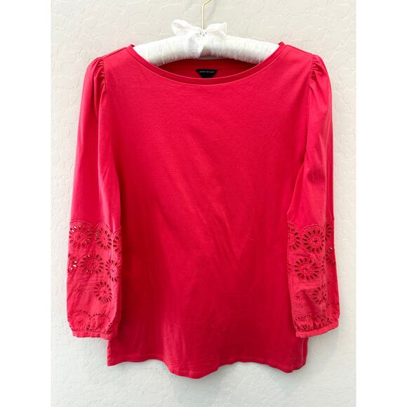 Ann Taylor Tops - ANN TAYLOR Coral Eyelet Sleeve Cotton Top Puff Sleeve Floral Cutout Detail Small